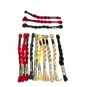 DMC Pearl Cotton Thread Lot 13 Skeins Size 5 & 3 France Red Green Neutrals Black